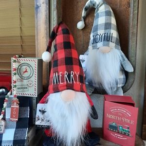 Rae Dunn MERRY & JOYFUL plaid Christmas Gnomes, 26" tall, set of 2